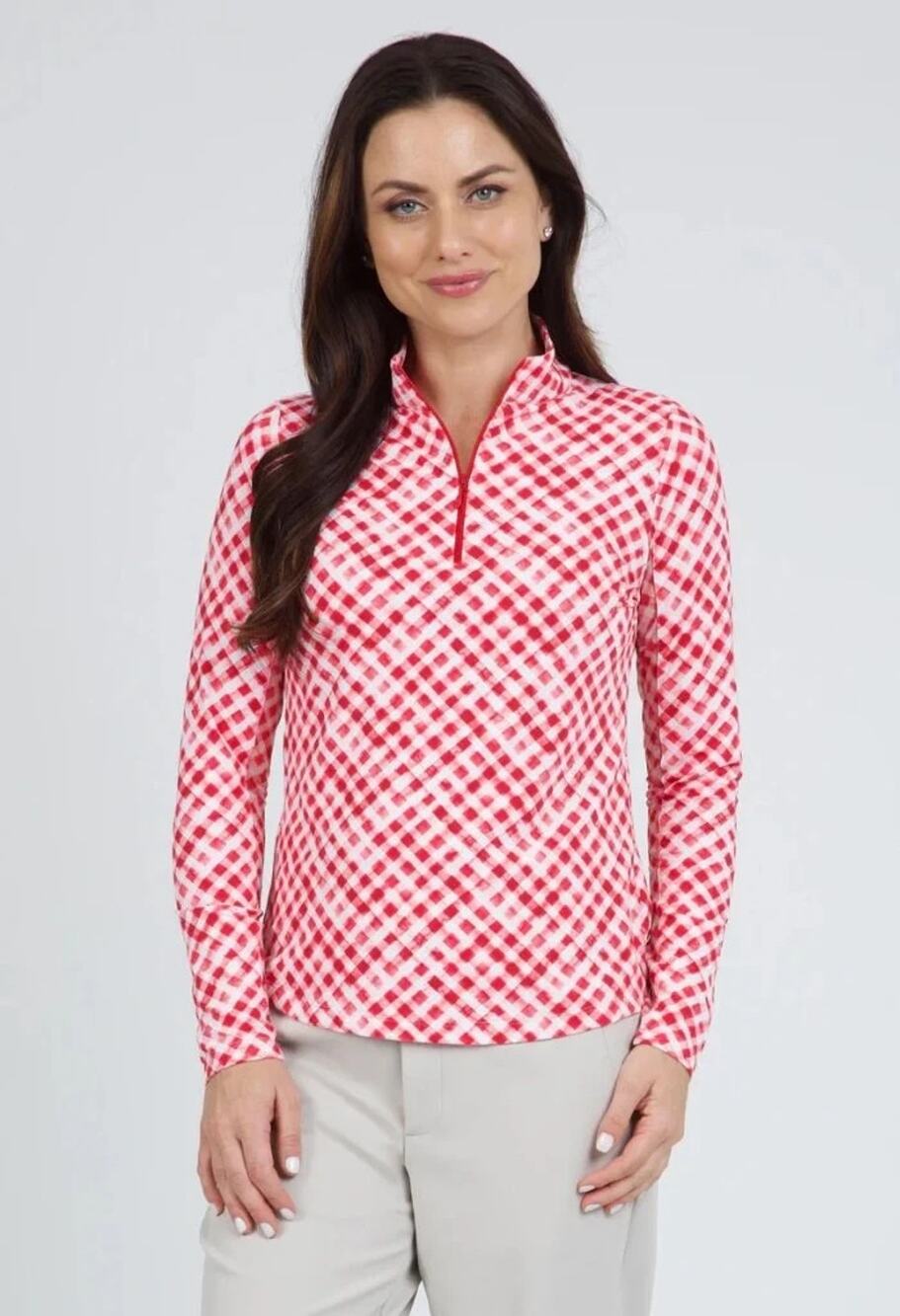 NWT Ibkul Gingham Check Zip Mock Neck Top Size S Red White Long Sleeve Quick Dry